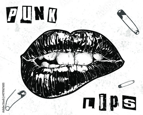 Punk Lips. Hand drawn bitten black lipstick shiny lips in the style of the of Punk flyers and posters on white background.