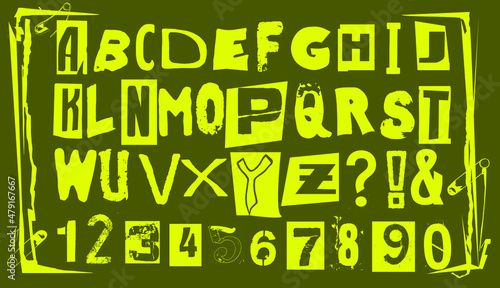 Punk typography vector alphabet and numbers. Type specimen set for grunge font flyers and posters or ransom note style designs.