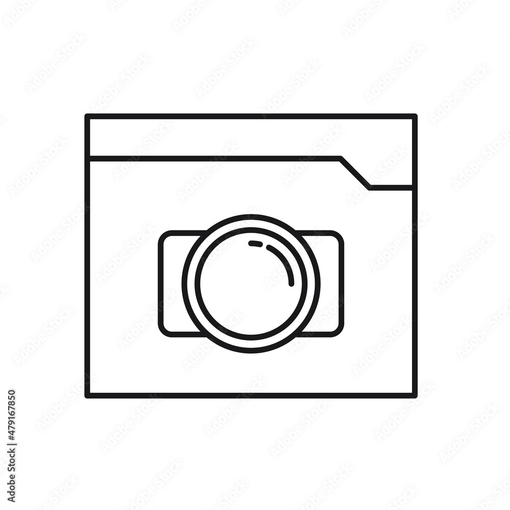 Vector outline symbol suitable for internet pages, sites, stores, shops, social networks. Editable stroke. Line icon of photo camera inside of folder Vector outline symbol suitable for internet pages, sites, stores, shops, social networks. Editable stroke. Line icon of photo camera inside of folder