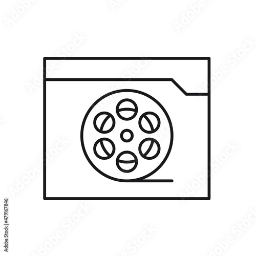 Vector outline symbol suitable for internet pages, sites, stores, shops, social networks. Editable stroke. Line icon of round cinefilm on folder