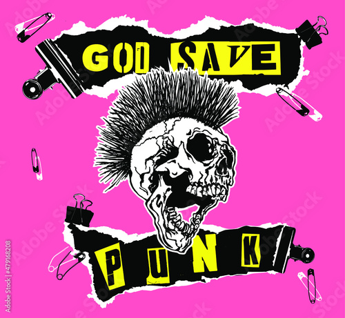 God Save Punk. Screaming skull head with mohawk hair isolated on pink background.