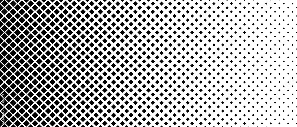 Halftone abstract background. Monochrome texture made of geometric shapes. Linear pattern in mosaic of squares. Design banner, a poster website, a frame for social networks. Vector illustration. Halftone abstract background. Monochrome texture made of geometric shapes. Linear pattern in mosaic of squares. Design banner, a poster website, a frame for social networks. Vector illustration.
