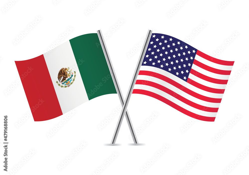 Mexico and America flags. Mexican and American flags isolated on white background. Vector illustration.