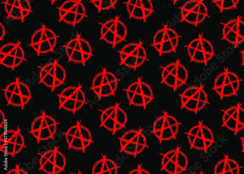 Seamless vector pattern of A red letter symbol of Anarchy on black background.