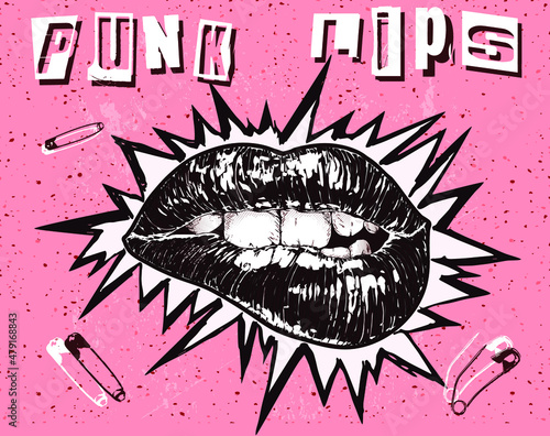 Punk Lips. Hand drawn bitten black shiny lipstick lips in the style of the of Punk flyers and posters with spike crown outline on pink background.