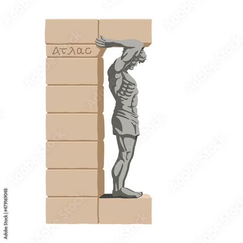 A giant granite statue, an element of architecture. "Atlas", an inscription in ancient Greek. The symbol of St. Petersburg. Color vector illustration isolated on a white background in a flat design.