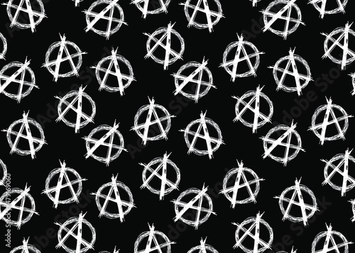 Seamless vector pattern of A white letter symbol of Anarchy on black background.