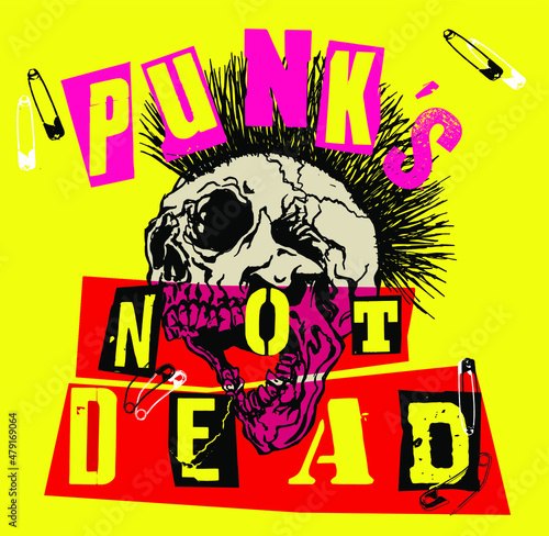 Punk's Not Dead. Screaming skull head with mohawk hair isolated on black background.