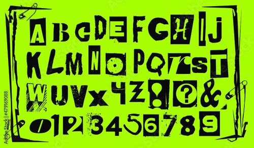 Punk typography vector alphabet and numbers. Type specimen set for grunge font flyers and posters or ransom note style designs.