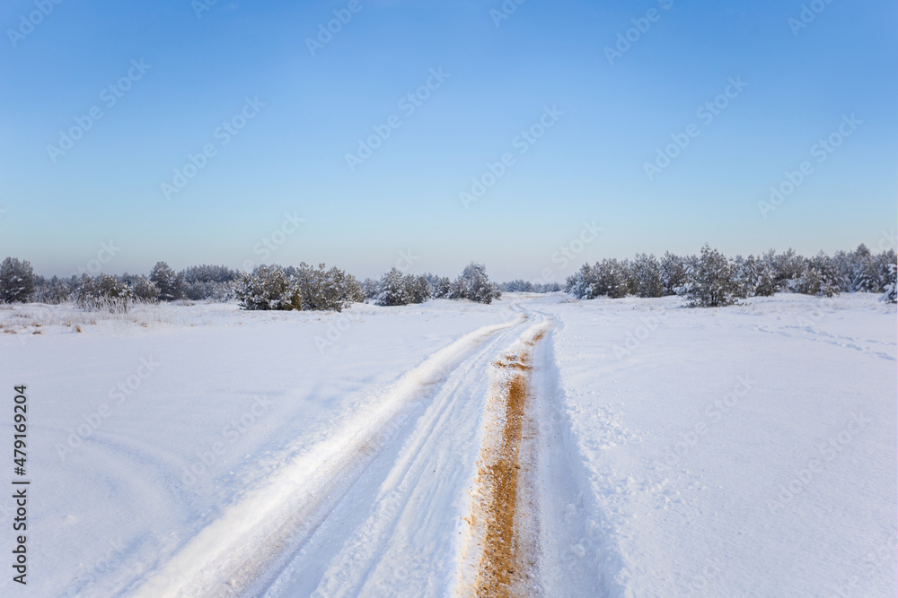Fototapeta premium ground road among wide snowbound plain, winter outdoor background