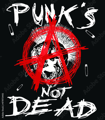 Anarchy symbol with a negative mohawk hair screaming skull head and Punk's Not Dead text. Vector hand drawn illustration.