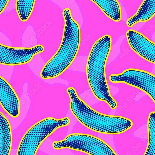 Seamless vector pop art pattern of blue bananas randomly distributed on pink background in vaporwave style design.