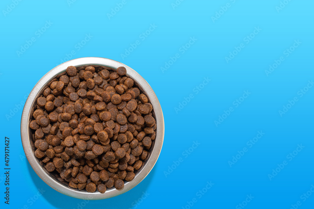 Round metal bowl full of crunchy dry food for dogs or cats on blue background, top view, copy space. Pet care concept. Delicious and healthy food for domestic cats and dogs. Diet food for pets. Round metal bowl full of crunchy dry food for dogs or cats on blue background, top view, copy space. Pet care concept. Delicious and healthy food for domestic cats and dogs. Diet food for pets.