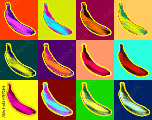 Pop art style banana in dot halftone style. Vector pattern on multiple and repeated colorful psychedelic background.