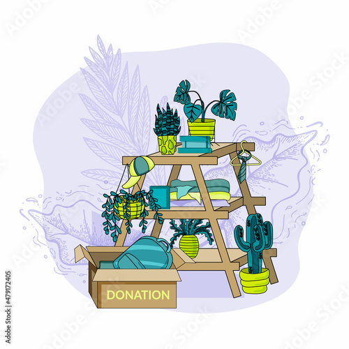 Used clothing, books and plants donation flat vector illustration. A box of stuff and a backpack. The second life of things. Second hand, items from the flea market. Tie hanging on a hanger. Charity.