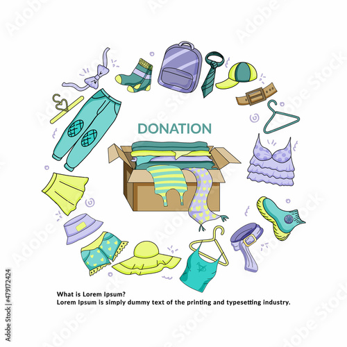 A hand-drawn vector of various clothes for donations. Doodle style vector set. Charity day and social aid concept. Second hand, flea market.