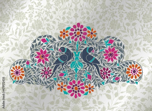 parrot, feathers , traditional wedding card design, royal India	