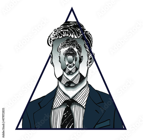 Hand drawn portrait of a strange handsome man with anonymous face with himself repeated like in an endless mirror. Isolated vector concept head illustration in modern and surreal tattoo art. 