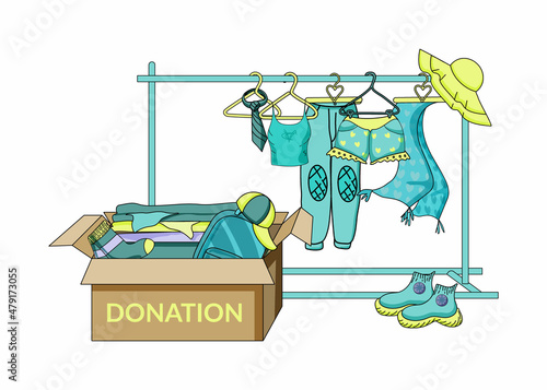 Used clothing donation flat vector illustration. Cheap and free clothing. Box of clothes. Second hand, goods from flea market. Pants, shorts, tie, scarf hanging on a rack. Women's and men's clothing.