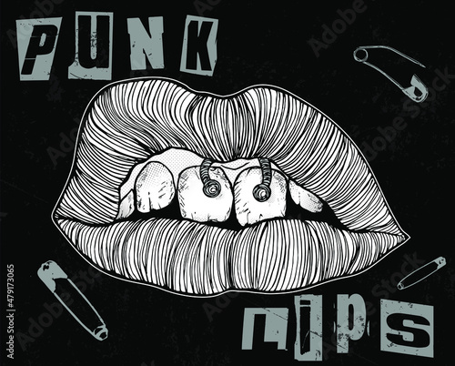 Vector Punk Lips. Hand drawn angry lips with piercing in the style of Punk flyers and posters on black background.