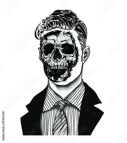 Hand drawn portrait of a strange handsome man with hole face and skull appearing. Head in modern and surreal tattoo art. Isolated vector illustration.