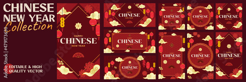 Happy Chinese New Year background template. Including cny elements like lantern, cloud, hand fan and flower. Vector pack bundle collection photo