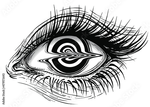 Concept vector illustration of realistic human eye of a girl with glitched spiral hypnotic iris.