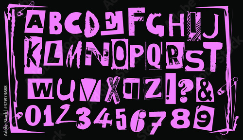Punk typography vector alphabet and numbers. Type specimen set for grunge font flyers and posters or ransom note style designs.