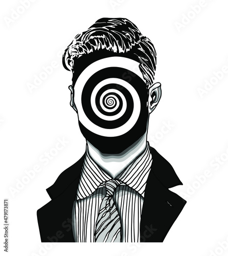 Hand drawn portrait of a strange handsome man with anonymous face with spiral face in modern and surreal tattoo art style. Isolated vector illustration.