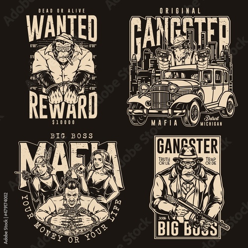 Brutal gorilla gangster vintage emblems set