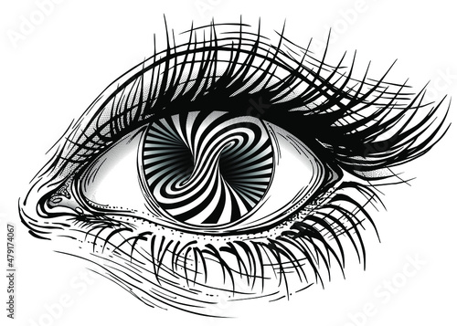 Concept vector illustration of realistic human eye of a girl with turning torus hypnotic iris.