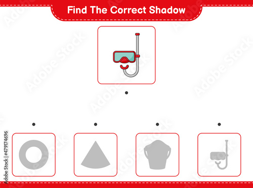 Find the correct shadow. Find and match the correct shadow of Scuba Diving Mask. Educational children game, printable worksheet, vector illustration