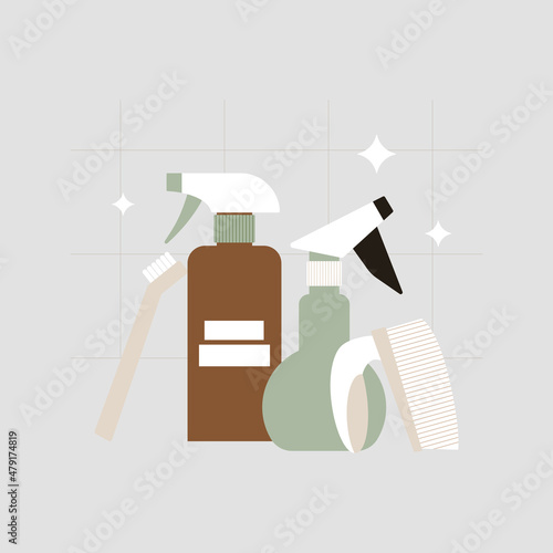 Eco cleaning supplies with brush and organic detergent bottles. Flat illustration of zero waste housekeeping products for professional cleanup.