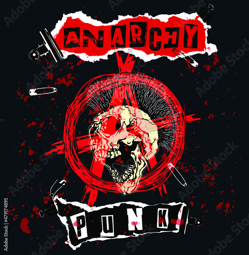 Anarchy Punk. A red anarchy symbol with a mohawk hair screaming skull head and Anarchy Punk text. Vector hand drawn illustration.