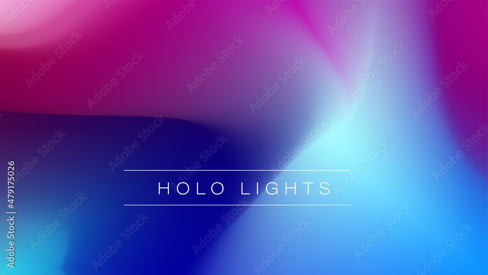 Holo Lights. Vector Blue Purple Hologram Dreamy Background. Rainbow Iridescent Gradient. Minimalist Holographic Fluid Wallpaper.  Neon Opalescent Banner. Modern Tech Music Design.
