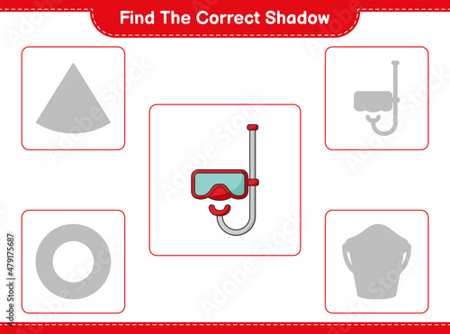 Find the correct shadow. Find and match the correct shadow of Scuba Diving Mask. Educational children game, printable worksheet, vector illustration