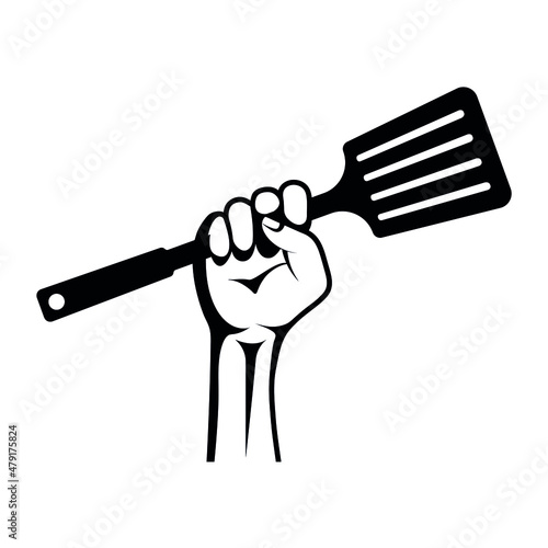 The hand is clenched into a fist. Hold the spatula firmly. Vector illustration, flat minimal design, black silhouette, isolated on white background, eps 10.