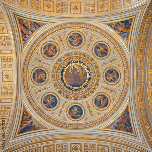 ROME  ITALY - AUGUST 31  2021  The ceiling fresco  new testament scenes and angels  in the side cupola in the church Chiesa del Sacro Cuore di Ges   by Virginio Monti  1852 - 1942 .