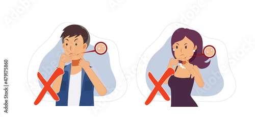 set of woman and man trying to pop pimple on the acne face. Popping acne is forbidden. flat vector cartoon character illustration