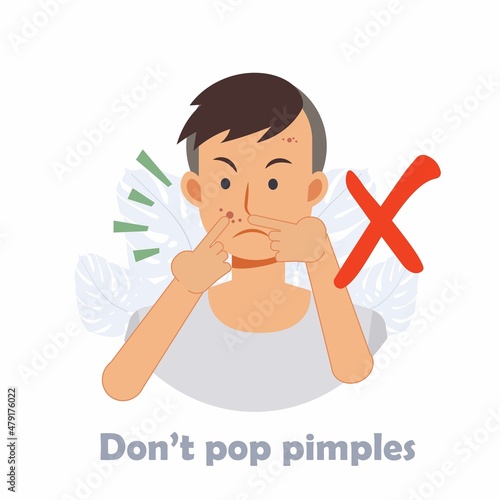 Man pop pimple on the acne face. squeeze acne, Popping acne is forbidden.flat vector cartoon illustration