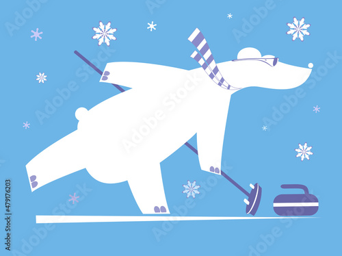 Cartoon bear plays curling illustration.  Polar bear pushes a stone towards a target white on blue background  © bigmen
