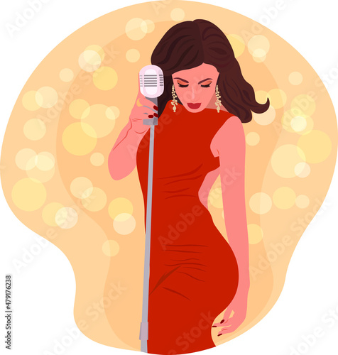 An image of an attractive young singer in a red dress. Vector