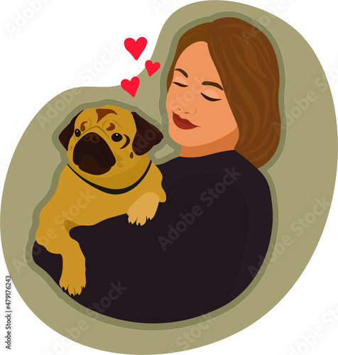 A woman holds a pug dog in her arms. The concept of love for animals.