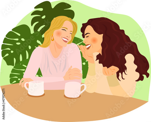 Pretty women chat over a cup of coffee and discuss something. Female friendship vector illustration
