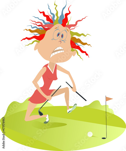 Upset golfer woman on the golf course illustration. 
Cartoon angry golfer woman breaks the golf club

