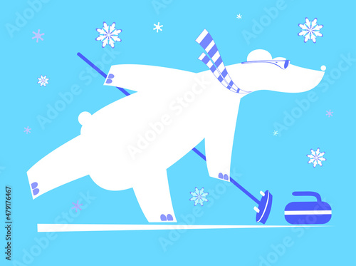 Cartoon bear plays curling illustration. 
Polar bear pushes a stone towards a target white on blue background
