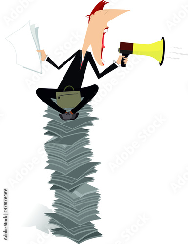 Man, megaphone and a pile of papers isolated illustration.
Cartoon man with megaphone sits on the pile of papers or documents and makes the announcement isolated on white
