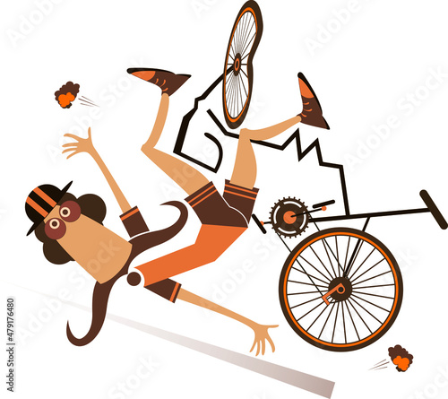 Cyclist falling down from the bicycle isolated illustration. Funny long mustache man falling down from the broken bicycle isolated on white