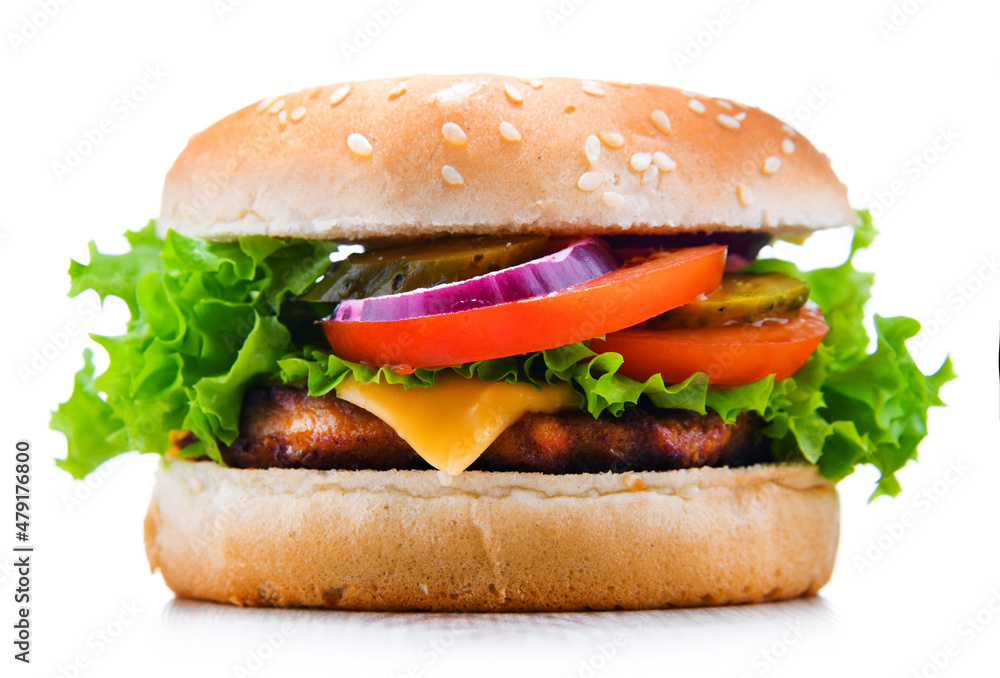 Hamburger with cheese and fresh vegetables isolated on white Hamburger with cheese and fresh vegetables isolated on white