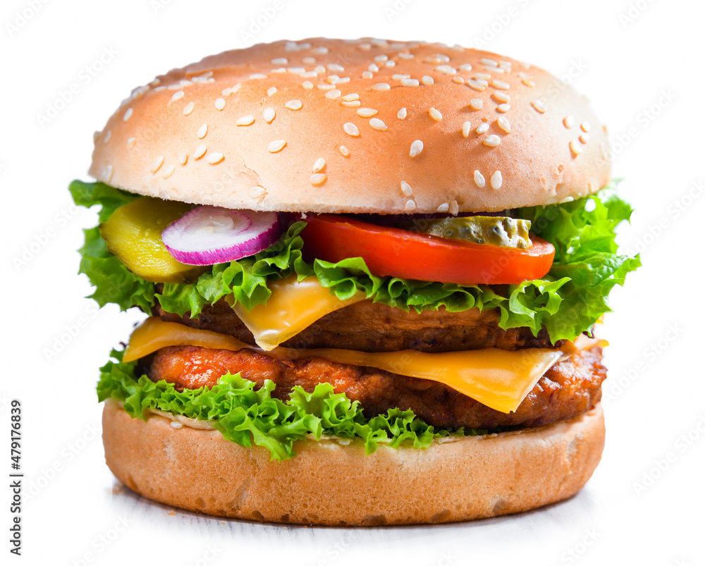 Hamburger with cheese and fresh vegetables isolated on white Hamburger with cheese and fresh vegetables isolated on white